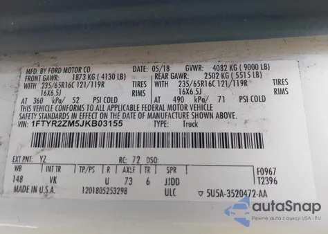 2018 Ford Transit-250 из США, поврежденный, VIN 1FTYR2ZM5JKB03155